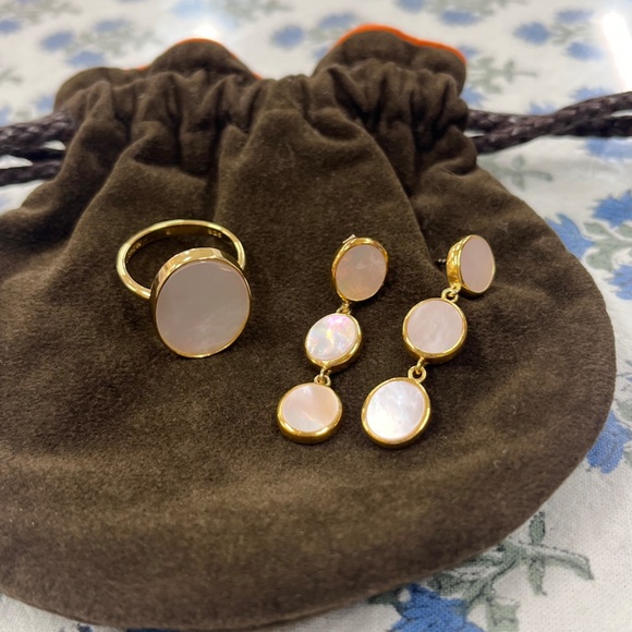 New J.Crew Mother of Pearl & Gold Plated Ring and Earring Set - Picture 2 of 15